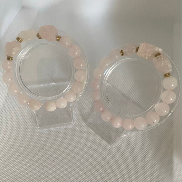 Vintage Rose Quartz Bracelet Set Stretch Elastic Pink Stone Beads Boho Luxe Glam - Picture 5 of 16